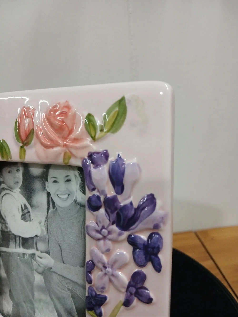 Floral Ceramic Picture Frame in Pink and Purple Holds 3x4 Picture